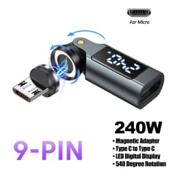 AUFU 9Pin Magnetic Type C Adapter Digital Display PD240W USB C to Type C Micro Male Converter for iPhone 17 Laptop OTG Adapter
