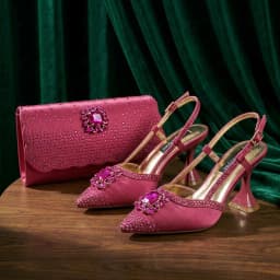 QueenYan Brown Satin Rhinestone Slingback Pointed Pumps Matching Scalloped Rhinestone Evening Clutch Bag Set Women Formal Shoes