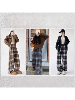 Retro Plaid Pants Women's Autumn Winter Thick High Waist Loose Casual Wide Leg Pants plus Size Comfortable Korean Style Commute