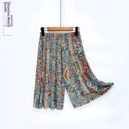 Summer Thin Casual Pants Ice Silk Elastic Waist Five-Point Pants Floral Print High Waist Skirt Pants for Middle-Aged Women