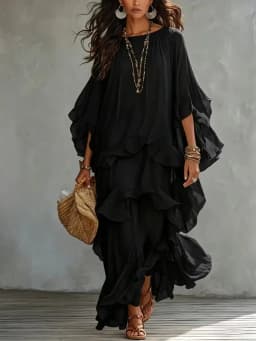 Vintage Flowy Solid Dress Women Round Neck See Through Batwing Sleeve Ruffle Hem Loose Dress New Casual Beach Holiday Maxi Dress