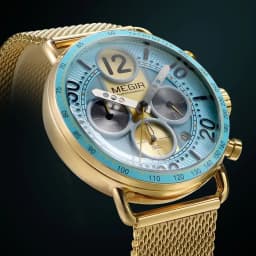 MEGIR Waterproof Quartz Watch with Blue Dial Chronograph Stainless Steel Mesh Strap Date Multifunctional Sports Wristwatch Brig
