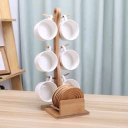 Simple Ceramic Tea Pot Set 190ml Tea Cup, Coffee Cup, Three-dimensional Bamboo and Wood Support, Striped Anti-skid Coaster