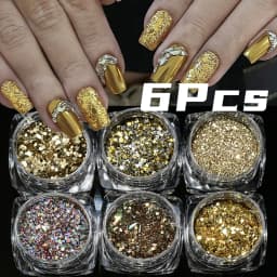 6 Pcs Elegant Mirror Chrome Effect Metallic Dust Holographic Glazed Manicure Decoration Reflective Gold Silver Glitters Powder