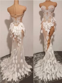 New Arrival Women Sexy Strapless Sequined Leaves Mesh Bodycon Mermaid Dress Beading Elegant Evening Wedding Party Outfit