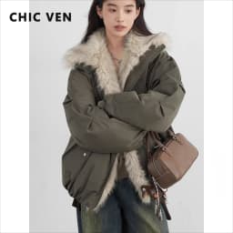 CHIC VEN New Women Down Coat Solid Hooded Loose Casual Faux Fur Collar 90 White Duck Down Ladies Down Jacket Autumn Winter 2026