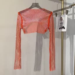 2025 New Summer Sexy Bright Diamond Short Thin Tops Slim Hot Drill Long-sleeved T-shirt Sexy Leak Waist Blouse