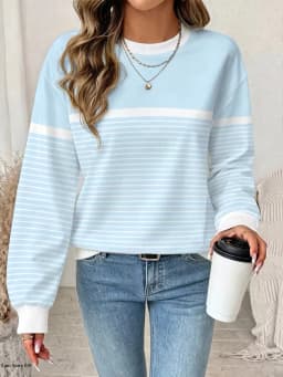 Women's Long Sleeved Round Neck Daily Casual Versatile Pullover Tops 3D Striped Splicing Regular Sweatshirt