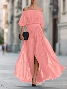 Spring Summer Off Shoulder High Waist Long Dress Casual Short Sleeved Holiday Dress Ladies Temperament Solid Color Chiffon Dress