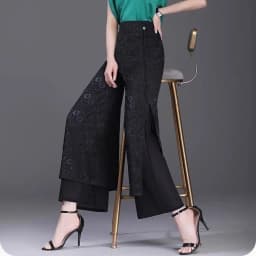 High Waist Wide Leg Pants Women's Summer Thin Ice Silk Straight Cut Slimming Drapey Floral Embroidery Loose Fit Casual Trousers
