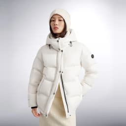 BOSIDENG Women Hooded Short Goose Down Coat 90% Goose Down 700+ Loft Shiny Fabric Adjustable Waist Puff Winter Outerwear