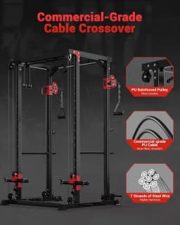 Multi-Functional Power Rack for Home Gym – Dual Pulley Cable System, 1200 lb Capacity Squat Cage with Training Attachments, Red