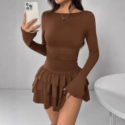 Autumn Winter Solid Color Slim Fit Cascading Ruffles Mini Dress Women Elegant Flare Sleeve High Waist Sexy Party Bodycon Dresses