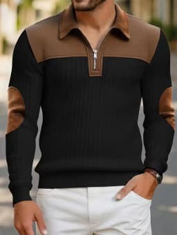 Style Knitted Pullover With A Turned-up Collar Patchwork Embroidery Casual Office And Sporty Style With A Zipper On The Front