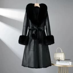 2023 New Rabbit Fur One Piece Coat for Women Mid length Fox Fur Collar Lace up Slim Fit Haining Fur Coat for Women
