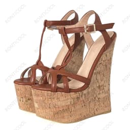 Ronticool Handmade Women T-strap Sandals Ultra High Wedges Heels Round Toe Classics Black Dress Shoes Ladies US Plus Size 5-15