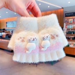 4-7Y Girls Winter 2 in 1 Convertible Flip Gloves Cute 3D Cat Decor Knitted Plush Gloves Kids Paw Print Windproof Thermal Mittens