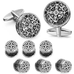 Antique Gold Silver Cufflinks and Tuxedo Studs Set Vintage Enamel Hollow Royal Pattern High End Mens Jewelry Gifts for Wedding