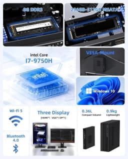 TexHoo Mini PC Intel I5-7300HQ/I7-9750H ITX Portable PC Win 10 Pro 8GB DDR3L 256GB SSD WiFi+BT 4K@60Hz Office Mini Computer