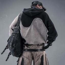 Contrast Color Patchwork Techwear Style Casual Hoodies Man Autumn Tactical Function Washed Distressed Design Long Sleeve Tops
