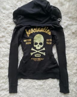 Y2K Goth Punk Zip Up Sweatshirt Embroider Skeleton Cross Bones Pattern Gold Lettering Hoodies Women Winter Streetwear Top Jacket