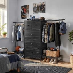 3-in-1 Dresser & Hanging Rack – 57.8" Wide with 5 Drawers & Shoe Rack, Side Hooks for Bedroom Storage and Walk-in closet