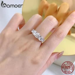 Bamoer Half Eternity Moissanite Ring Heart Setting D Color VVS1 EX Lab Diamond 925 Sterling Silver for Women Engagement Jewelry