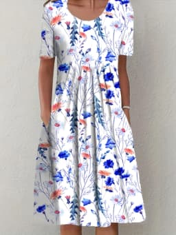 2024 New Spring And Summer Women's Elegant Large Skirt Round Neck Printed Short-sleeved Dress
