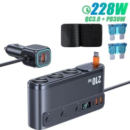 9in1 12V/24V Cigarette Lighter Splitter 228W USB Car Charger Adapter QC3.0 PD45W Cable with LED Voltage Display Car Accessories