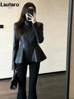 Lautaro Spring Autumn Cool Black Retro Soft Pu Leather Jackets for Women Zipper Stand Collar Elegant Luxury Designer Clothes