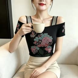 New Designer Hot Diamond Mesh T-Shirt Women Korean Style Sexy Off Shoulder Slim Tee Summer Casual Streetwear Tops