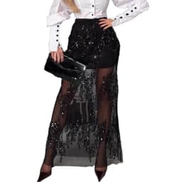 2026 Sequin Mesh Patchwork Skirt Fashion Women A-line All-match Ankle-length Skirts Party Office Lady 2025 Autumn Maxi Skirts