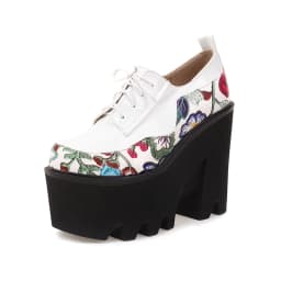 Ultra High Waterproof Platform Wedge Heel Raised Breathable Pumps Embroidered Floral Punk Style Lace Up Polyurethane Sole Pumps
