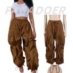 FAGADOER Casual Ruched Patchwork Lantern Sleeve Pants Women High Waist Drawstring Patchwork Pants Female Streetwear Trousers New