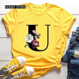 Large Size Yellow T-shirt for Men And Women with Black Fashion Trend Print of Flowers 26 English Letters Casual Short Sleeve Top