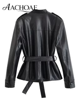 AACHOAE Women PU Leather Jacket Belted Waist Coat Stand Collar Button Front Long Sleeve Casual Vintage Faux Leather Outerwear