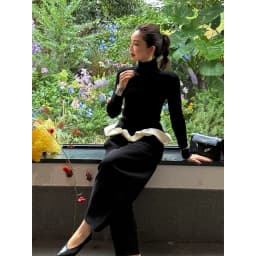 Vintage Black Turtleneck Sweater Women Ruffles Patchwork Knitted Pullovers Korean Elegant Knitwears Autumn Winter Design Jumpers