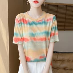 Summer New Women's Round Neck Printed Knitted Short-Sleeved Thin T-shirt Loose Bottoming Shirt