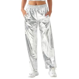 Women's Metallic Pants with Elastic Waist Solid Color Loose Pants Casual Trendy Grunge Streetwear with Pockets