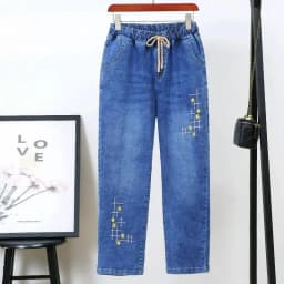 Middle-aged Women's Jeans Spring Autumn Stretch Waist Straight Denim Pants Large Size Loose High Waist Casual Black Blue Trouser