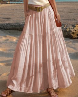 2026 Belted Hem A-line Solid Color Elastic Waist Skirt Women's Summer New Beach Vacation Commuting Camping All-match Long Skirt