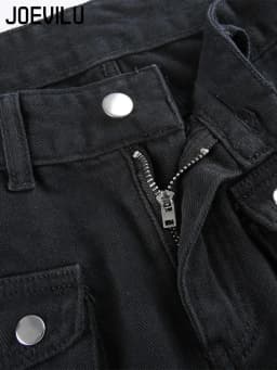 Metal Button High Waisted Straight Leg Jeans Drop Crotch Trousers Streetwear Hip Hop Fashion Y2K Cargo Denim Pants for Women