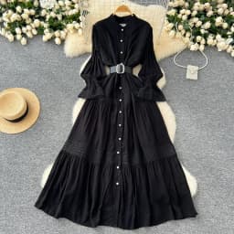 Chic Lace Slim Stand Collar Long Sleeve Spliced Single Breasted Dress High Street Vintage Evening Women Autumn Winter Clothing