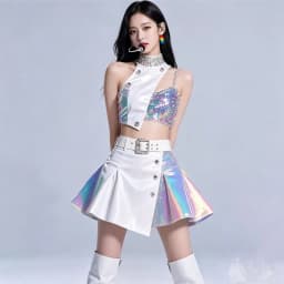 White Jazz Gogo Dance Female Group Bar Performance Suit Stage Performance Outfit PU Fabric All Seasons Unisex Youth And Middl...
