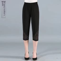 Summer Thin Casual Pants Ice Silk Elastic Waist Five-Point Pants Floral Print High Waist Skirt Pants for Middle-Aged Women