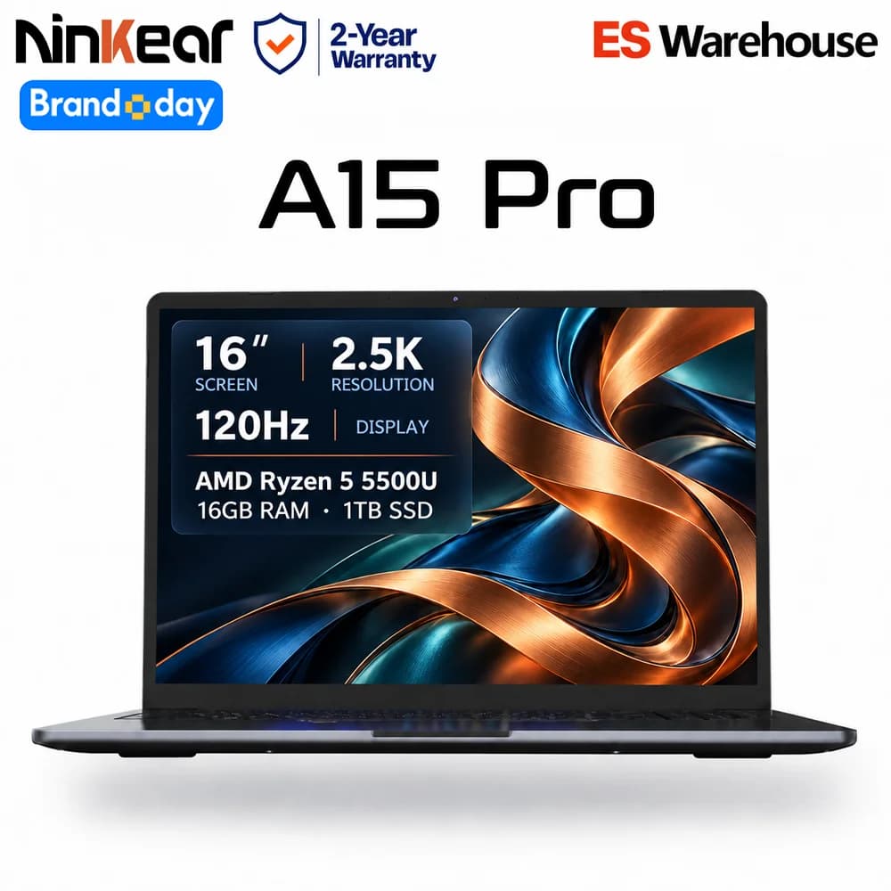 Ninkear A15 Pro Laptop AMD Ryzen 5 5500U 16 Inch 2.5K 120Hz IPS Display 16GB RAM 1TB SSD Fingerprint Reader Windows 11 WiFi 6 USB-C PD 65W Fast Charging for Business Home Office Study and Everyday Multitasking