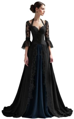 Customized Elegant Gothic Wedding Dresses for Bride 3/4 Sleeves Black Lace Appliques Bridal Gowns A-Line Sweet Wedding Gowns