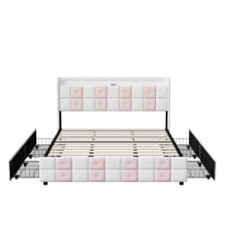 Anajqaqia Velvet Upholstered Bed Frame with Storage Drawers, LED and USB Ports, Pinkish White, Dimensions: 140x190cm