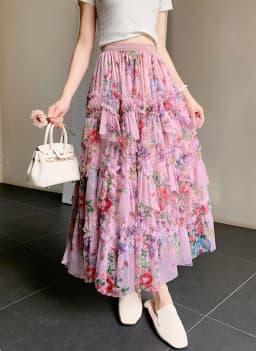 New In Flower Print Irregular Mesh Floral Mesh Long Skirt Women 2025 Spring French Elegant Style A-line Tulle Skirts
