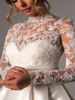 Customized High Neckline Long Sleeves A-Line Satin Wedding Dress Elegant Button Back Floor Length Sweep Train Gown For Bride